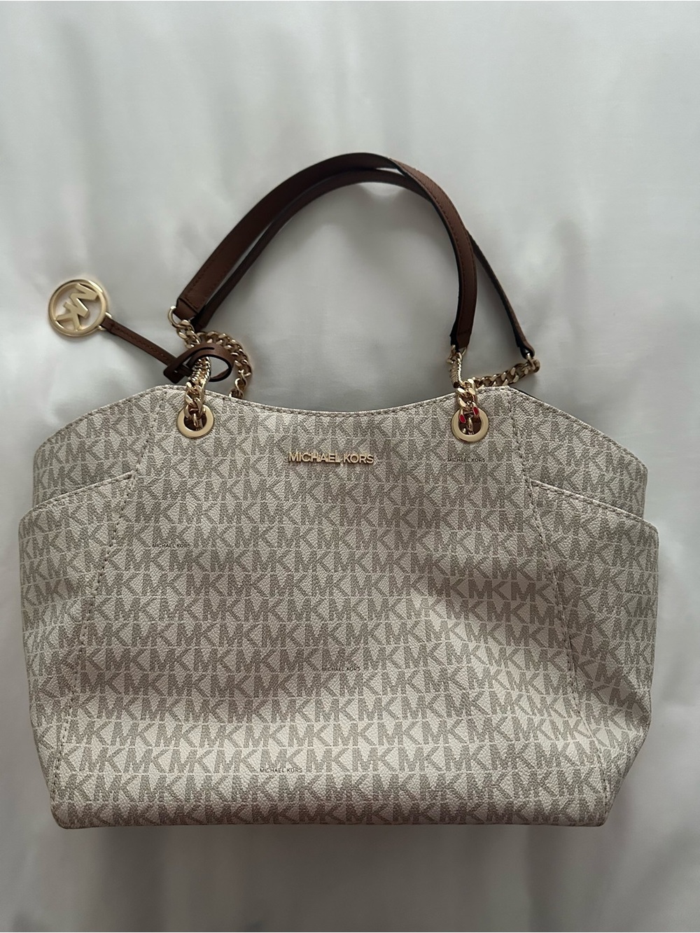 Michael Kors Beige Logo Tote with Brown Handles and Gold Hardware